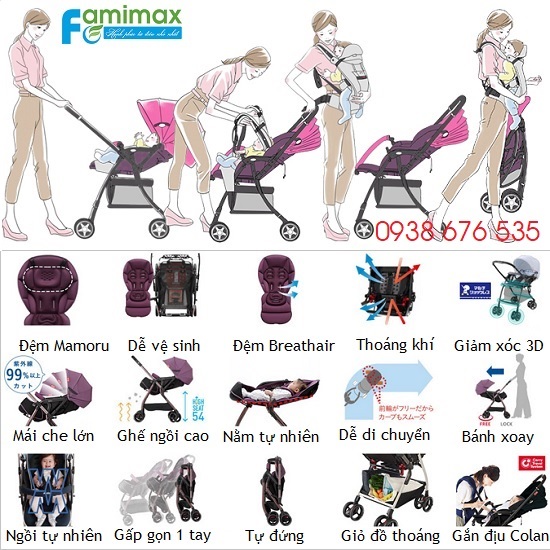 Xe đẩy cho bé Aprica Optia Premium gắn được địu em bé