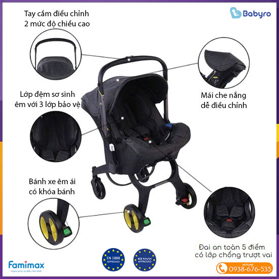 Ghế ngồi ô tô kết hợp xe đẩy Babyro