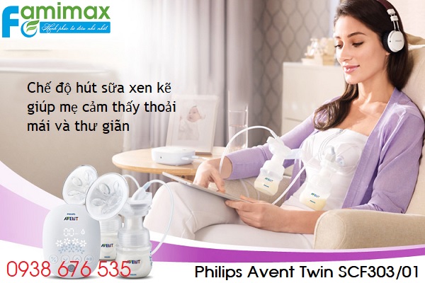 Máy hút sữa Philips Avent Twin Electric SCF 303/01 dùng điện hoặc pin